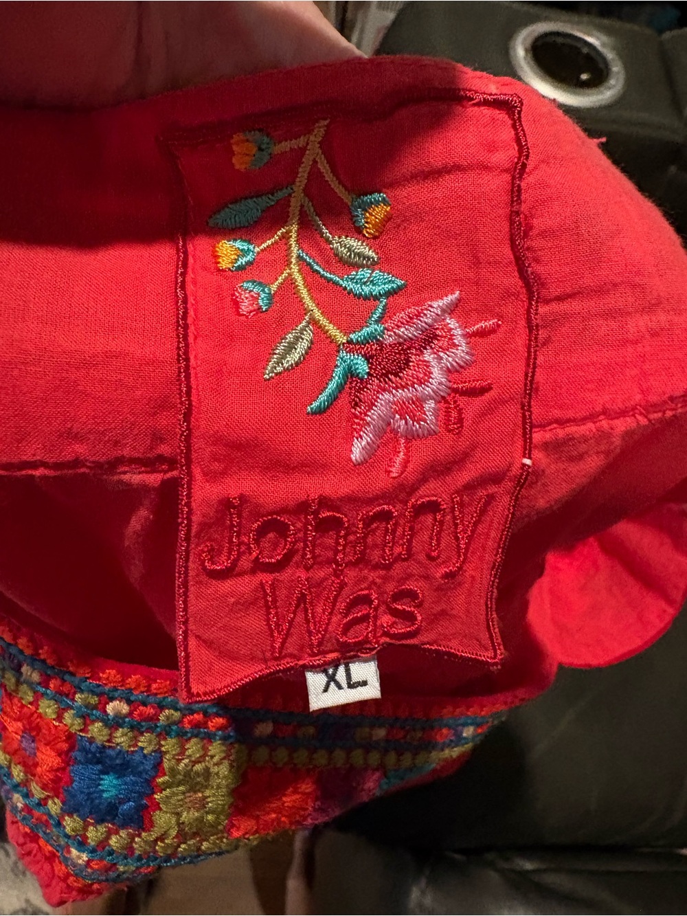 Johnny Was Red Embroidered short sleeved blouse with Multicolor Stitching